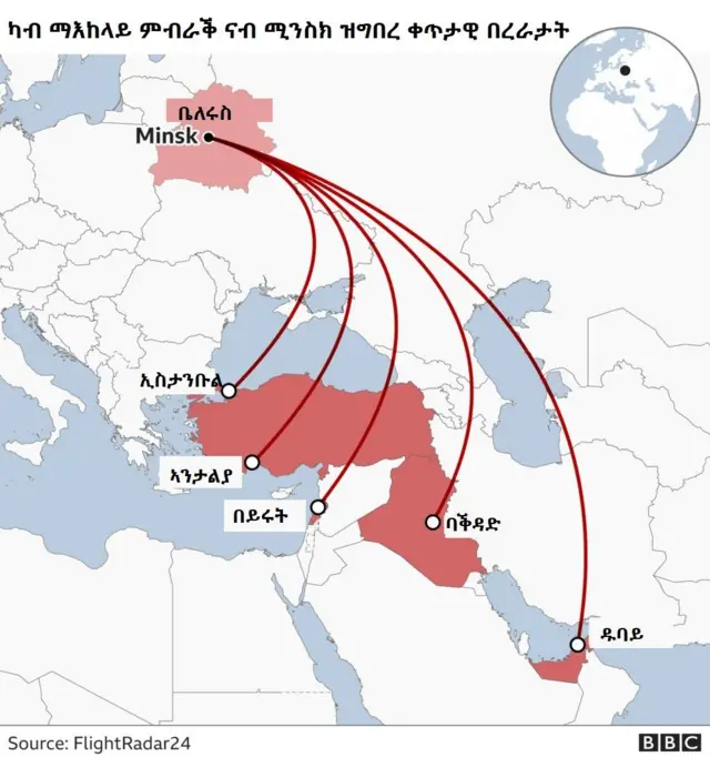 ካብ ቱርኪ ኢስታንቡልን ኣናታልያን፡ ካብ በይሩት [ሊባኖስ)፡ ካብ ባቕዳድ [ኢራቕ] ከምኡ ከኣ ካብ ዱባይ ብቀጥታ ናብ ርእሰ ከተማ ቤላሩስ ዝኾነት ሚንስክ በረራ ስለዘሎ ከኣ ዝበዝሑ ብቀጥታ ካብዘን ዝተጠቐሳ ሃገራት ናብታ ሃገር ዝኣተዉ ምዃኖም ጸብጻባት ይሕበሩ።