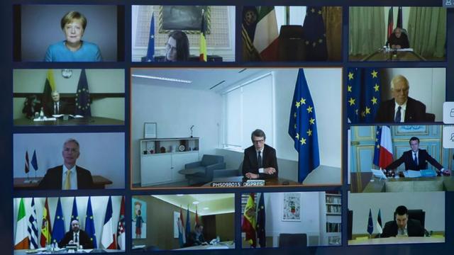 EU leaders during a video conference as viewed from the Elysee Palace on 26 March