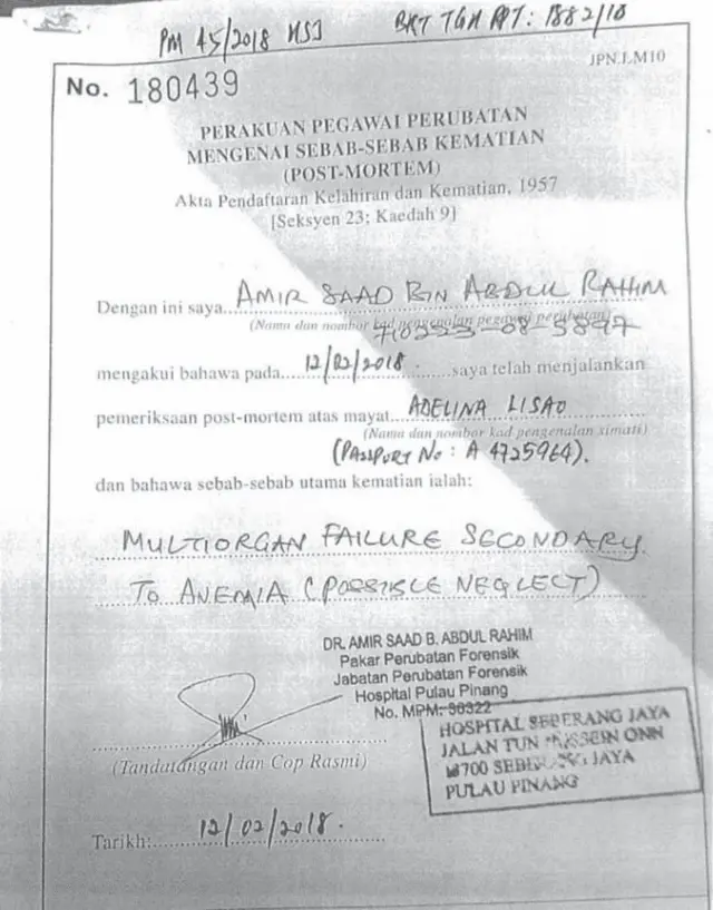 Post mortem kematian Adelina.
