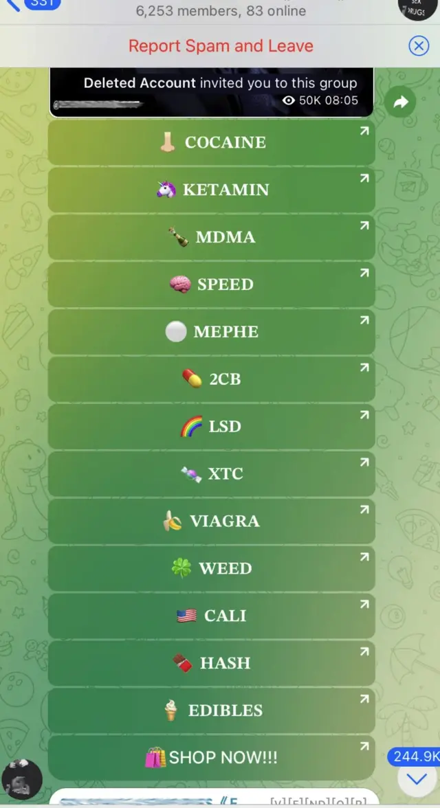 Хотиралар ва гиёҳванд моддалар (6 253 аъзо) Деярли ҳар қандай гиёҳванд дори сотувга қўйилади, телеграм каналлари бутун дунё бўйлаб ўнлаб сотувчиларни реклама қилади.