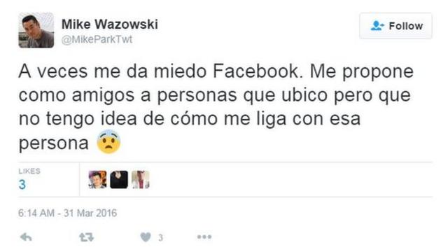 Usuario de twitter dice que Facebook le da miedo porque lo relaciona con gente que conoce pero con la que no tiene mayor vínculo.