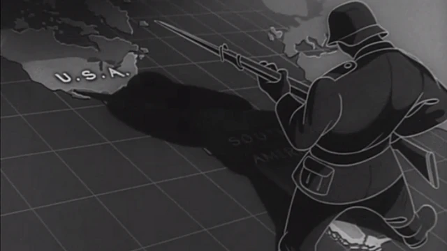 Captura del filme llamado "The battle of the United States", donde el FBI es retratado como el héroe que terminó con la sombra negra nazi creciendo desde América del Sur. (Crédito: Museo Estadounidense Conmemorativo del Holocausto)