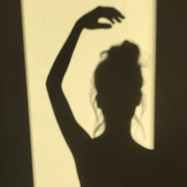 Shadow of a ballerina standing in a doorway with her hand above her head.