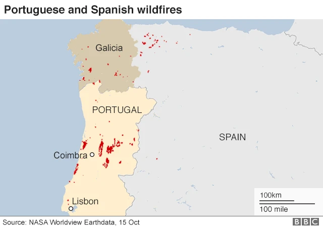 map of fires in Portugal and Spain