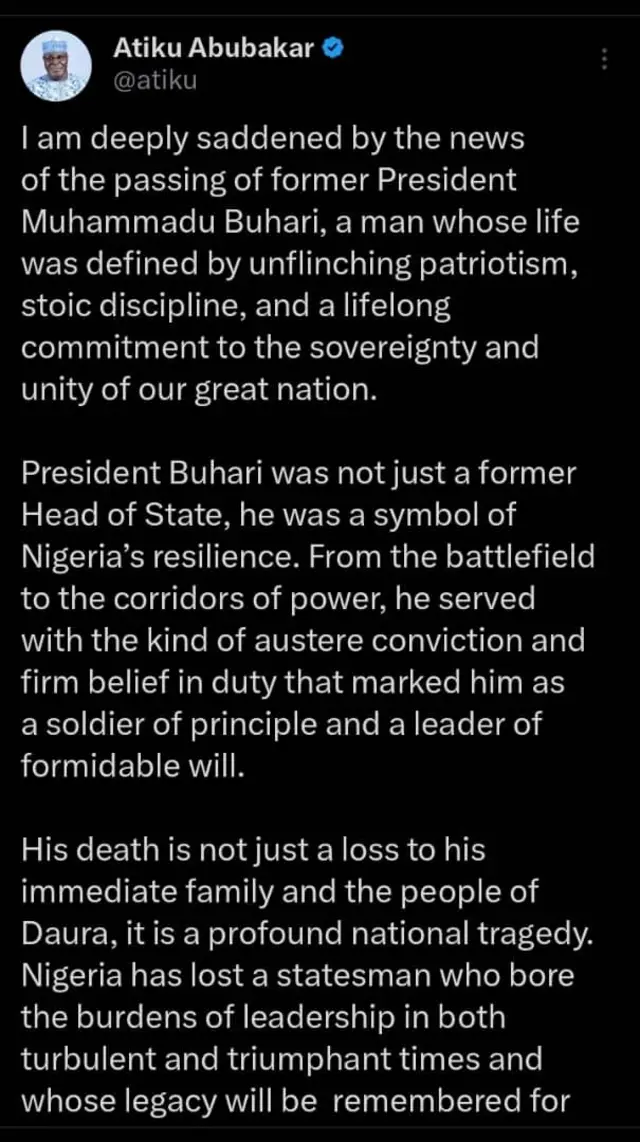 Ihe onye bụbụ osote Onyeisiala Atiku dere maka ọnwụ Buhari