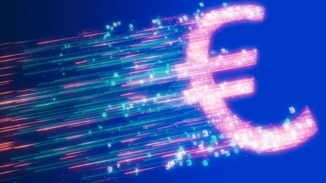 Dijitalleştirilmiş bir euro simgesi ilerliyormuş gibi gözüküyor