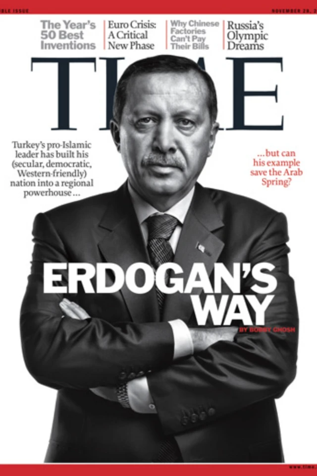 2011 yılında Time dergisi Erdoğan'ı, "Erdoğan'ın Yolu" başlığıyla kapağına taşıdı.
Yazının başında Erdoğan'ın Mısır sokaklarında "rock yıldızları" gibi karşılanması anlatılıyordu. Kapakta kollarını bağlamış Erdoğan'ın siyah beyaz bir fotoğrafı kullanılmış.