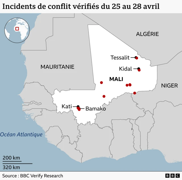 Une carte indiquant la répartition des troupes rebelles à travers le Mali