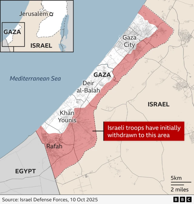 A map of Gaza showing the yellow line, behind which Israeli forces have withdrawn