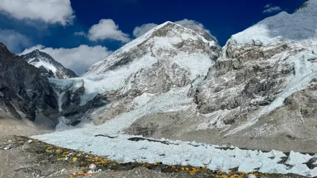 Everest base camp with the highest peak on the background