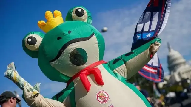 فردی در لباس قورباغهای در تجمع