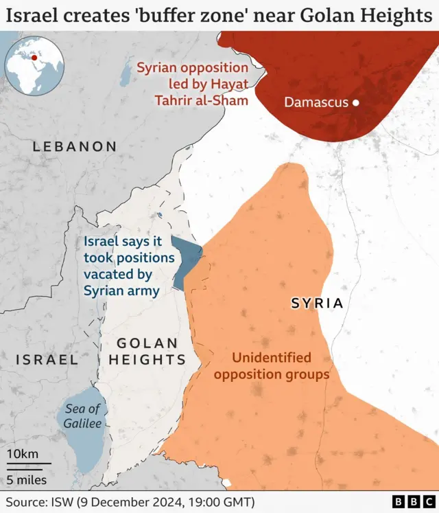 Ramani inayoonyesha waliko wanajeshi wa waasi nchini Syria na eneo la Golan Heights ambako Israel imeteka hivi karibuni.