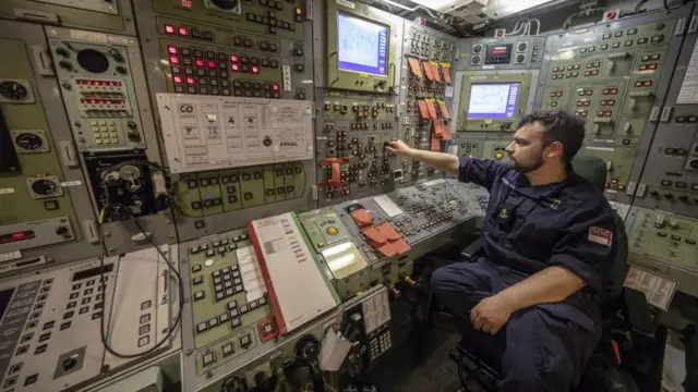 ব্রিটিশ পারমাণবিক সাবমেরিন এইচএমএস ভিজিল্যান্টের ভেতরে নিয়ন্ত্রণ কক্ষ