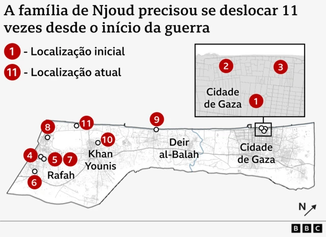 Mapa com pontos que ilustram 11 deslocamentos feitos pela famíliasportbet betNjoud