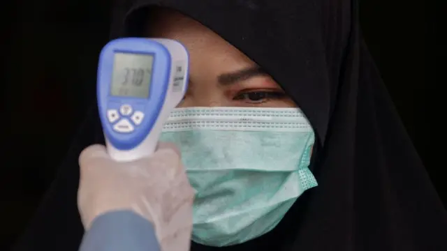 หญิงมุสลิมวัดอุณหภูมิ