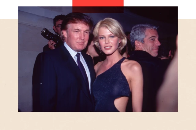 El empresario y expresidente estadounidense Donald Trump, la modelo belga Ingrid Seynhaeve y el empresario estadounidense Jeffrey Epstein