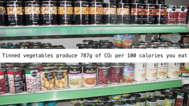 Rau củ đóng hộp sản sinh 787g CO2 mỗi 100 calories chúng ta ăn