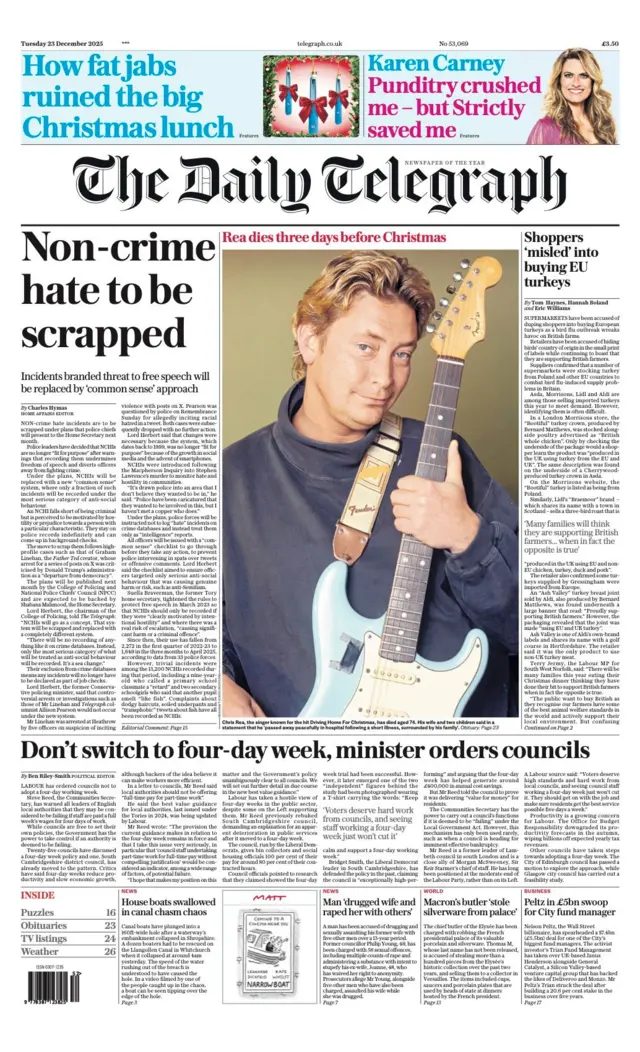 El titular de la portada del Daily Telegraph dice: "El odio no delictivo debe ser eliminado".