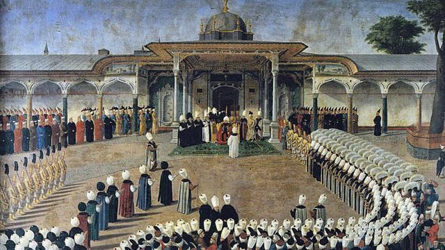 Sultán Selim III en una audiencia frente a la Puerta de la Felicidad. Los cortesanos están reunidos en un protocolo estricto. Topkapı Sarayı Müzesi, Estambul