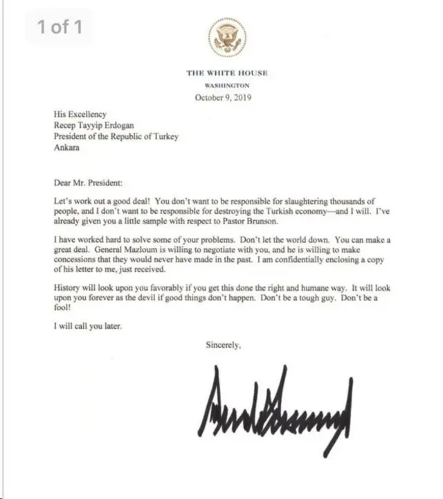 نامه دونالد ترامپ به رجب طیب اردوغان