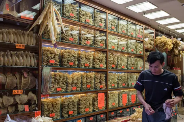 图为香港海味商店出售的鱼翅和鱼胶