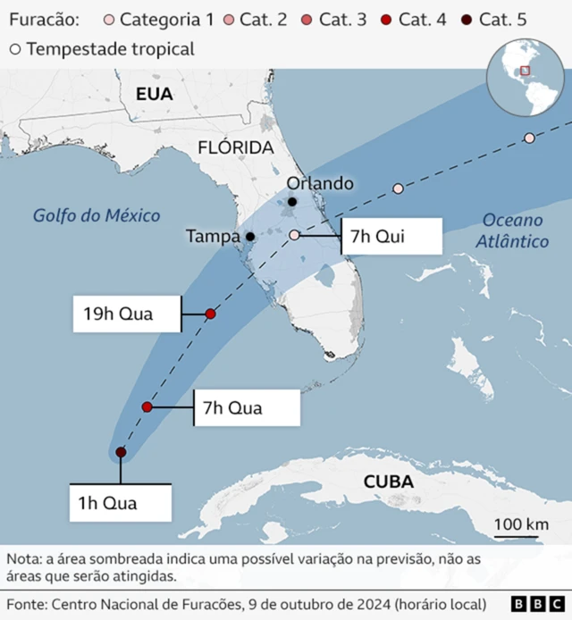 Um mapa da BBC mostrando a rota esperadaesportes no cassinosudoeste a noroeste do furacão Milton, pelo Golfo do México (segunda e terça-feira) e pela Flórida (de quarta a quinta-feira).