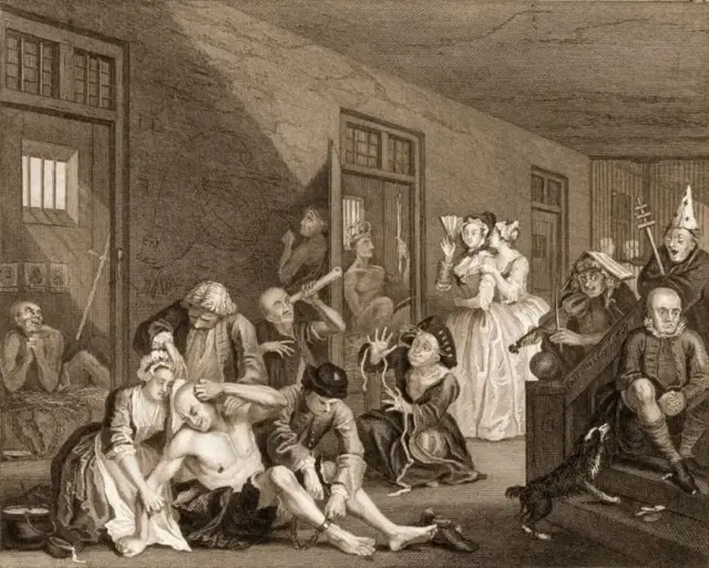 طرحی از بیماران روانی در بیمارستان بتلم که هر کدام را در یک وضعیت نشان می‌دهد