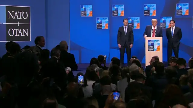 US Secretary of Defense Pete Hastings, President Trump, and Secretary of State Marco Rubio meet at a NATO press conference in the Netherlands.
