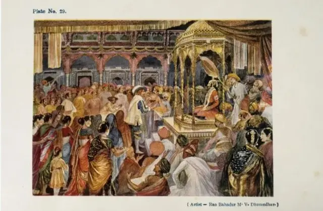छत्रपती शिवाजी महाराजांच्या राज्याभिषेकाचे एम. व्ही. धुरंदर यांनी काढलेले चित्र 