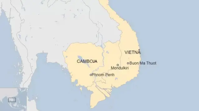 Mapa mostra Camboja e Vietnã