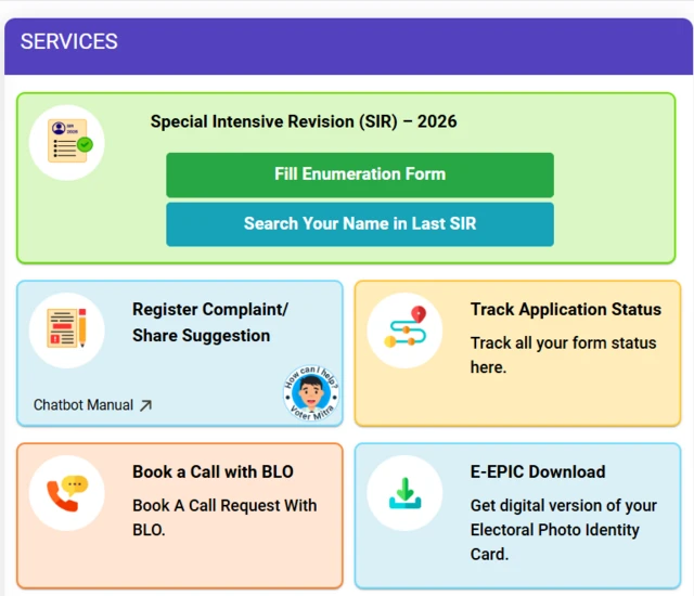 निवडणूक आयोगाच्या वेबसाइटवरील मतदार सेवा पोर्टल पेज
