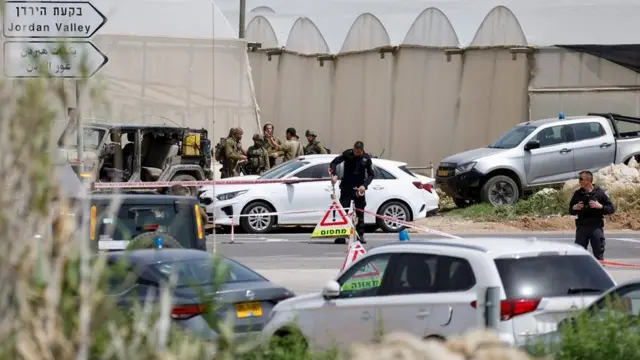 Scene of shooting attack near the settlement in Hamra, in the occupied West Bank, in which two Israeli women were killed and a third was seriously wounded (7 April 2023)