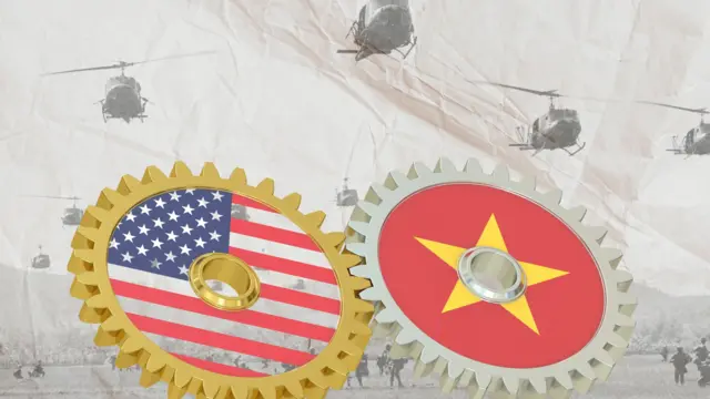 Hình minh họa quan hệ Mỹ - Việt Nam, với hình hai bánh răng có cờ của hai nước, trên nền hình ảnh Chiến tranh Việt Nam