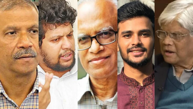 (বাঁ থেকে) আইন উপদেষ্টা অধ্যাপক আসিফ নজরুল, তথ্য উপদেষ্টা মাহফুজ আলম, পরিকল্পনা উপদেষ্টা ড. ওয়াহিদ উদ্দিন মাহমুদ, স্থানীয় সরকার উপদেষ্টা আসিফ মাহমুদ এবং অর্থ উপদেষ্টা সালেহউদ্দিন আহমেদ