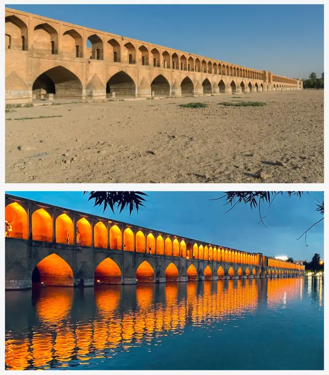 د ۲۰۲۵ کال د فبروري په ۲۲مه (پورته) د ایران په اصفهان کې وچ شوی زاینده رود سیند او د الهوردي خان پل، چې د سې-او-سي-پال (۳۳ پل) په نوم هم پېژندل کېږي. د ۲۰۲۳ کال د جون په ۵مه د شپې له ورته زاویې څخه په لید سره ښکاري، چې اوبه په اصفهان کې د زاینده رود سیند په اوږدو کې بهېږي. 