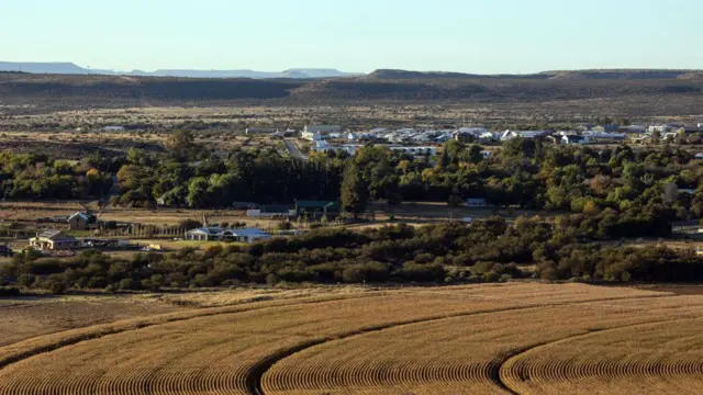 Vue des champs de maïs et d'Orania le 28 avril 2023, à Orania, en Afrique du Sud.
