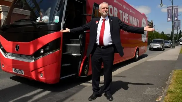 Jeremy Corbyn sorrindo,oque e betanobraços abertos, ao ladooque e betanoum ônibus vermelho