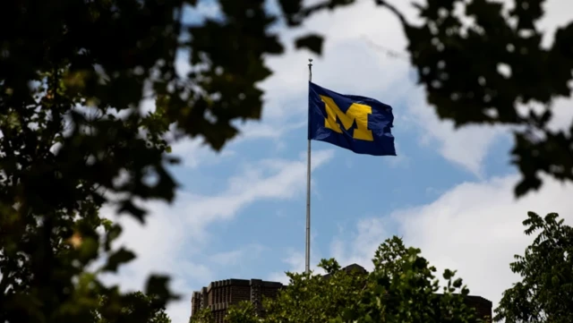 پرچم دانشگاه میشیگان که از میان شاخههای درختان پیداست