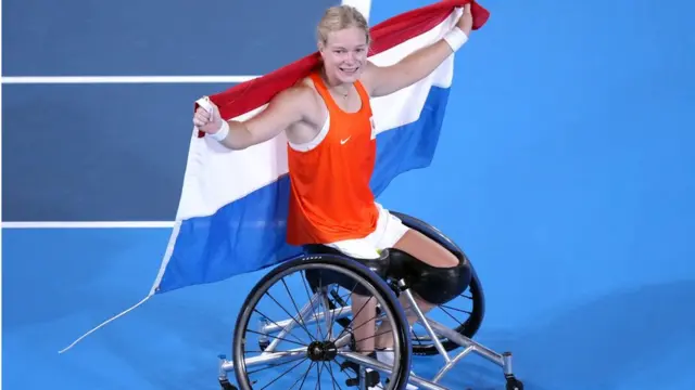 Netherland's Diede de Groot celebrates victory against Japan's Yui Kamiji (not pictured) in the Women's Gold medal match at the Ariake Tennis Parkduring day ten of the Tokyo 2020 Paralympic Games in Japan. Picture date: Friday September 3, 2021. PA Photo. See PA story PARALYMPICS Tennis. Photo credit should read: Tim Goode/PA Wire.