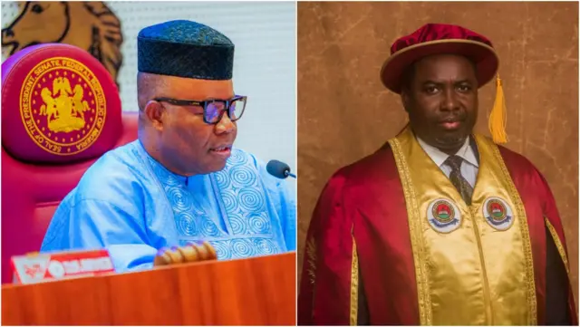 Akpabio onyeisi ụlọomeiwu nọ n'oche yiri uwe anụnụ anụnụ, ọzọ bụ Ọkammụta Amupitan yi uwe ndị ọkammụta na okpu ha.