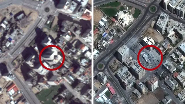 ఎడమ: గూగుల్ ఎర్త్‌లో ఇప్పుడు కనిపిస్తున్న గాజా (2016నాటి చిత్రం); మక్సార్ ఇమేజిలో ధ్వంసమైన టవర్‌ోత కనిపిస్తున్న నగరం (2021 మే 12 నాడు తీసింది)