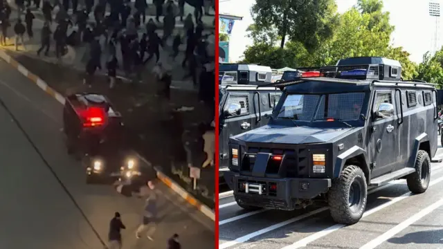 سمت راست: خودروی زرهی فاتق-۳ در رژه نیروهای مسلح ایران - سمت چپ: خودروی زرهی فاتق-۳ اعتراضات دی‌ماه در اردبیل