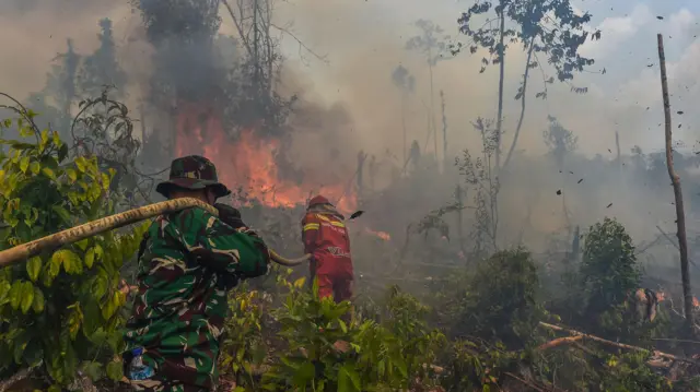 Petugas Manggala Agni Daops Muara Bulian bersama prajurit TNI memadamkan api yang membakar lahan di Tenam, Batang Hari, Jambi, Jumat (21/8/2026). 
