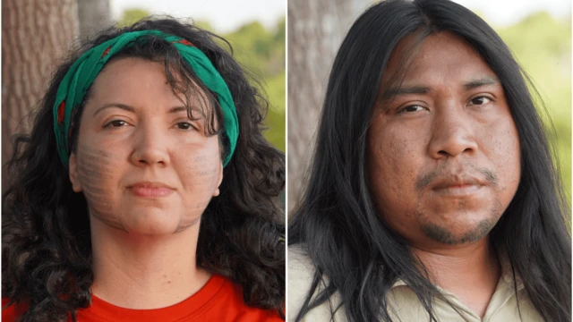 Colagem com retratos de Angélica Mendes e Matsi; ela tem um sorriso contido e ele está mais sério; ambos têm olhar confiante