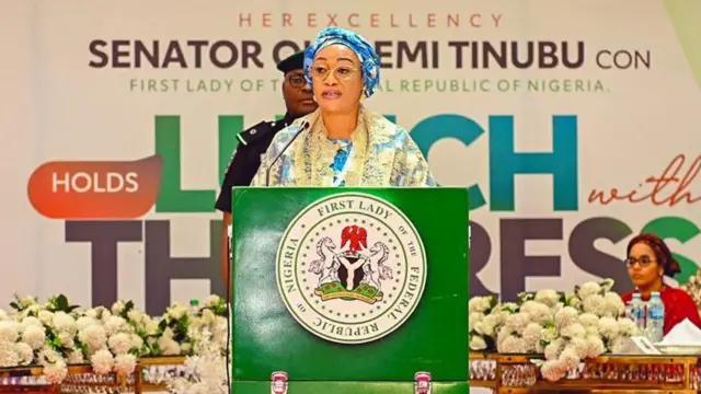 Senator Oluremi tinubu, wife of Nigeria President, Bola Tinubu, dey deliver speech during her 65th birthday party.