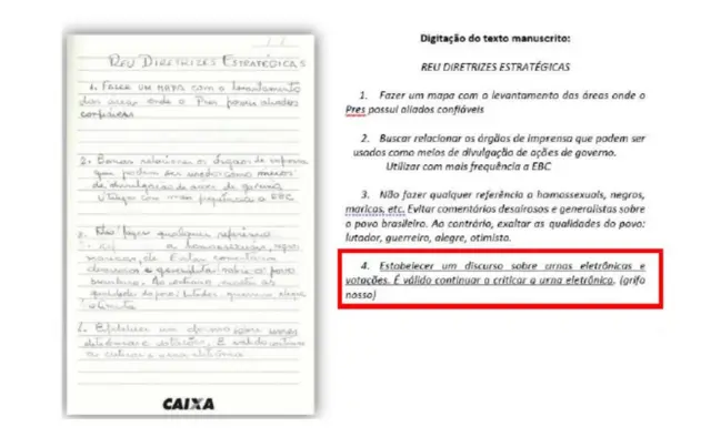 Reprodução de uma página do caderno e transcrição do conteúdo feita pela PGR; o título é REU DIRETRIZES ESTRATÉGICAS