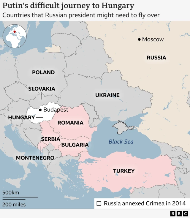 A map showing countries in red that Putin might need to fly over