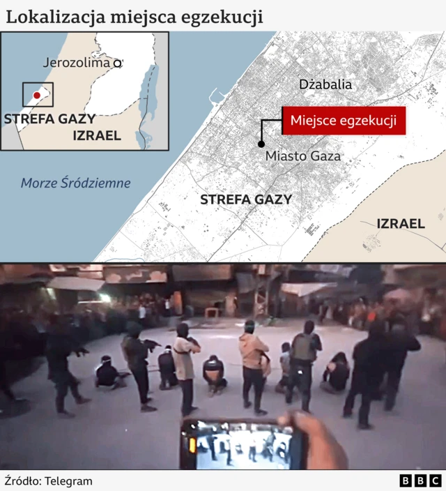Zdjęcie przedstawia mapę Strefy Gazy oraz kadr z filmu egzekucyjnego Hamasu, pobranego z aplikacji Telegram.