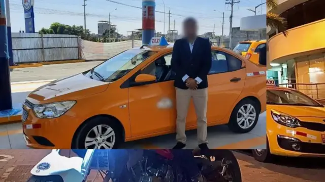 تصویر مردی با کت سورمهای را در کنار تاکسی نارنجی رنگ نشان میدهد.