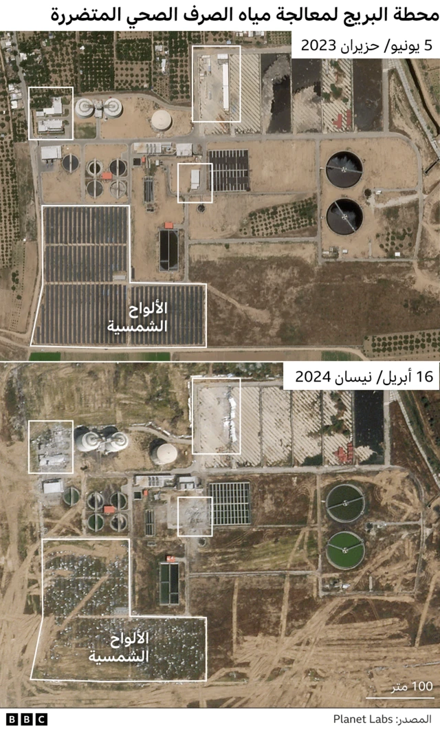 صورتان لمنشأة تحلية المياه في البريج يوم 5 يونيو/ حزيران 2023 ويوم 16 أبريل/ نيسان 2024